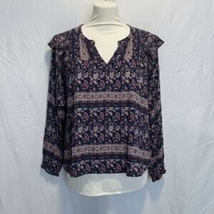 👚 Wonderly Brown and Blue Paisley Pattern V-Neck Long Sleeve Top 3x